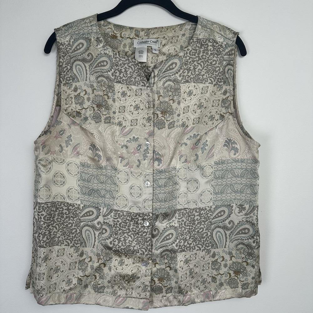 Coldwater‎ Creek Satin Vest Size Large Ivory Patchwork Paisley Cottagecore Boho